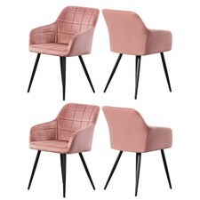 Set of 4 Camden Modern Velvet Dining Chairs with Armrests, Quilted Design & Black Metal Legs Pink