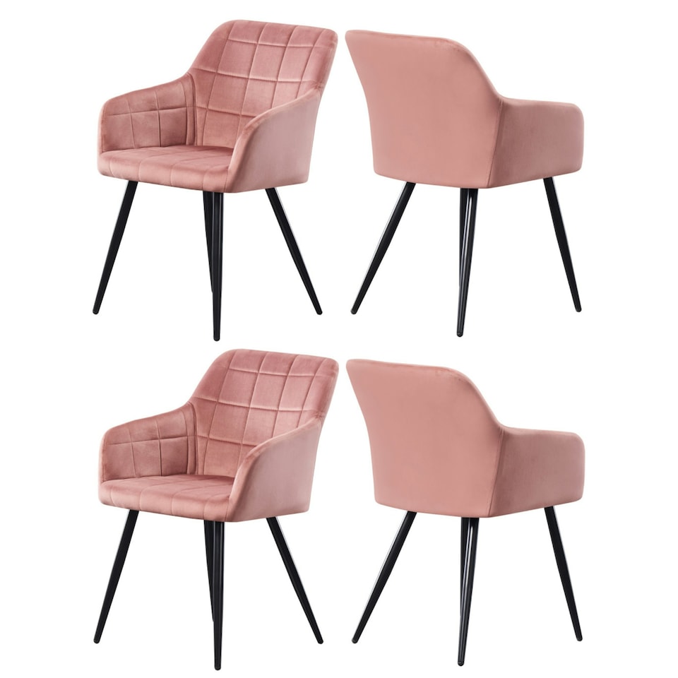image 1 of Set of 4 Camden Modern Velvet Dining Chairs with Armrests, Quilted Design & Black Metal Legs Pink