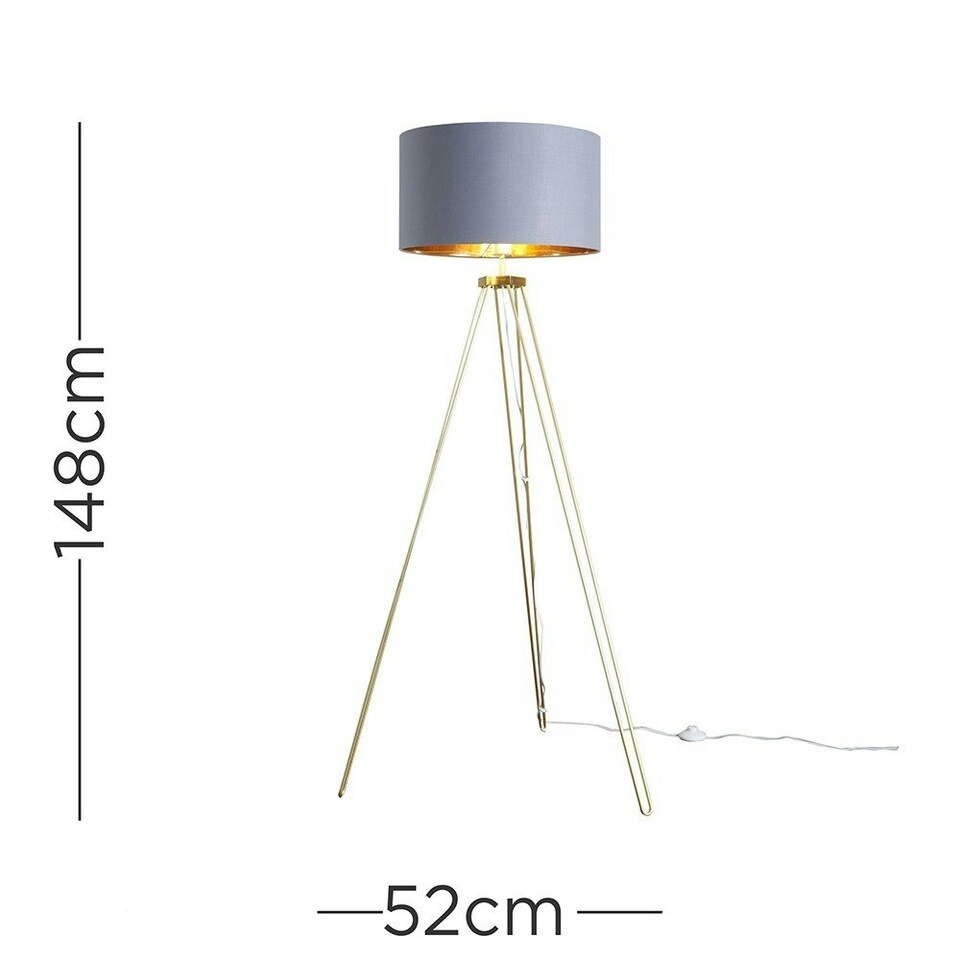 image 1 of ValueLights Aero Modern Gold Hairpin Design Tripod Floor Lamp with Grey/Gold Drum Shade - Includes 6w LED GLS Bulb 3000K