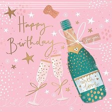 Words 'n' Wishes Artistic Open Female 'Happy Birthday' Greeting Card - Pretty Champagne Bottle & Glasses Illustration - With A Gold Foil Finish - For Her | Multi
