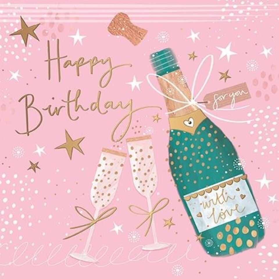 Words 'n' Wishes Artistic Open Female 'Happy Birthday' Greeting Card - Pretty Champagne Bottle & Glasses Illustration - With A Gold Foil Finish - For Her | Multi