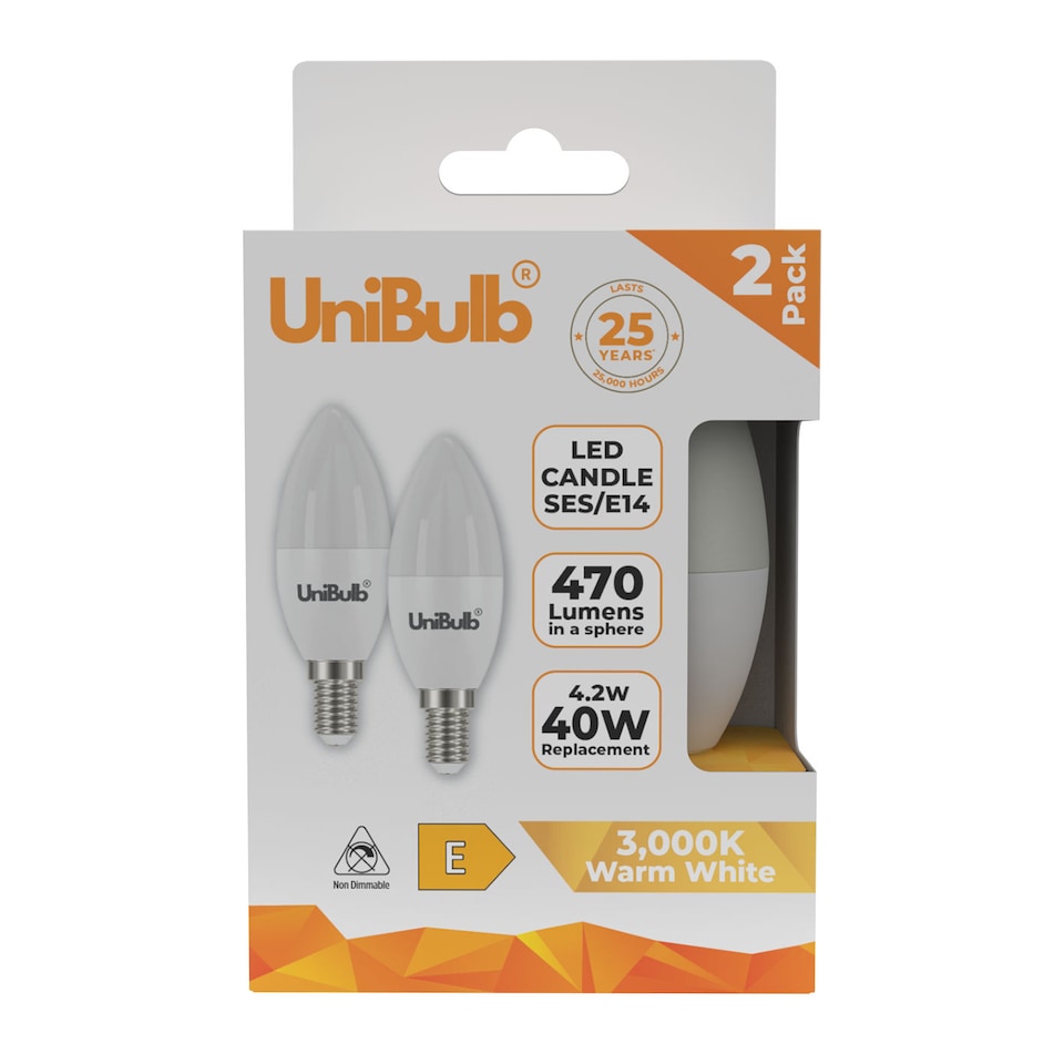 image 1 of UniBulb LED Candle E14 (SES) 470lm 4.2W 3000K (Warm White) Light Bulb - Pack of 2 | White | Warm White | 2