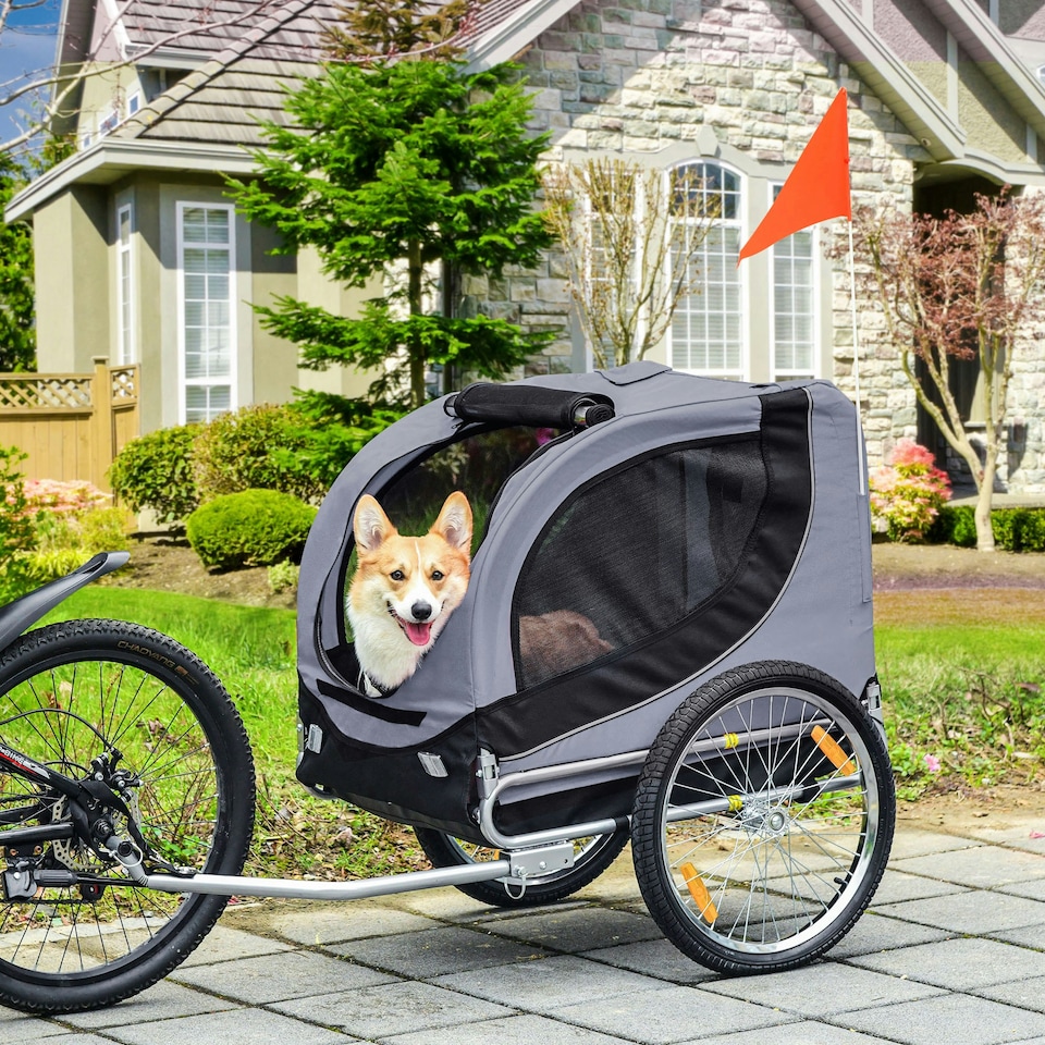 image 1 of PawHut Pet Bicycle Trailer Steel Dog Bike Carrier Water Resistant Travel Grey