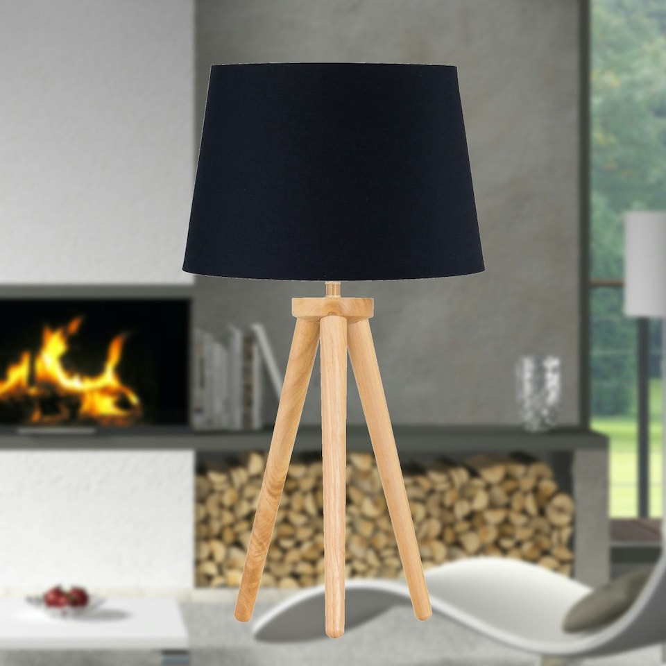 image 1 of Set of 2 Light Oak Table Lamp or Bedside Lights with Black Shades Brown | Black