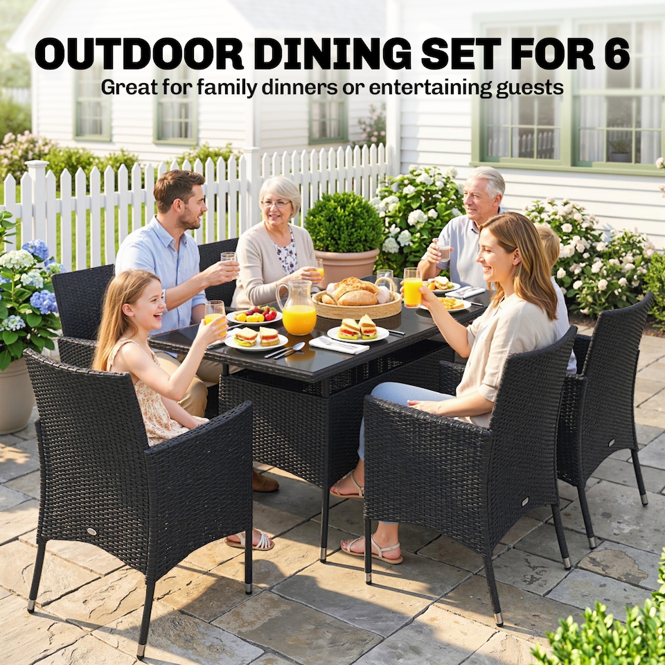 image 1 of Outsunny Rattan Dining Set for 6 with Cushions, Glass Top Table, Black | Black | Black, Cream White | Table: 150x80x74cm, Chair: 61x60x85cm