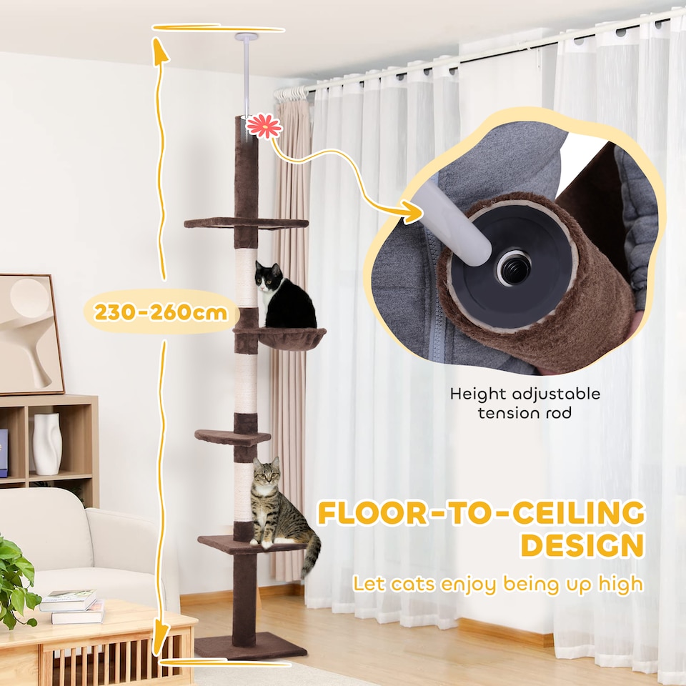 image 1 of PawHut Floor to Ceiling Cat Tree 5-Tier Climbing Tower Scratching Post