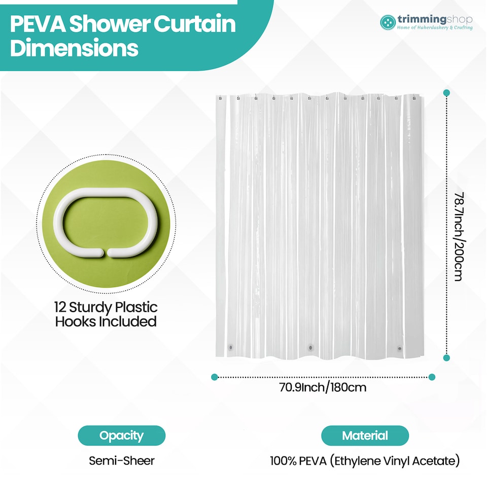 image 1 of PEVA Transparent Bathroom Shower Curtain with 12 Hooks - 180x200cm