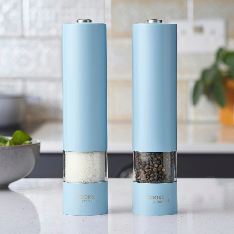 image 1 of Cooks Professional Electric Salt & Pepper Mill Set | Adjustable Grind Settings | Simple One-Button Operation | Blue