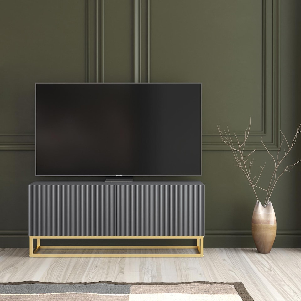 image 1 of TV Unit Stand Cabinet Sideboard Media Cabinet Storage Unit Grey Fluted Gold Base 100cm