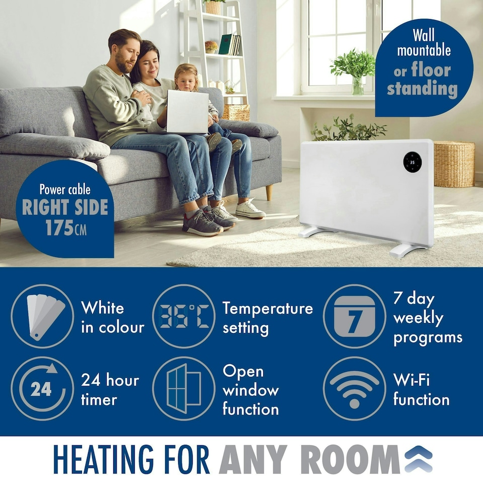 image 1 of Purus 1500W Smart Wifi Eco Heater Electric Panel Radiator Wall Mounted White