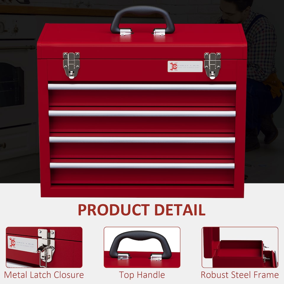 image 1 of DURHAND 4 Drawer Tool Chest, Lockable Metal Tool Bowith Ball Bearing Runners, Portable Toolbox, 510mm 220mm 395mm, Red | Red
