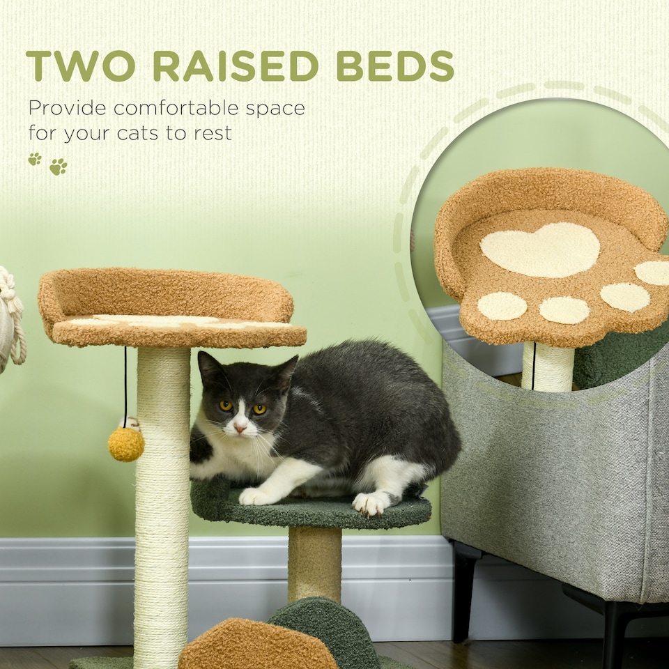 image 1 of PawHut Small Cat Tree with Scratching Posts 2 Beds Toy Ball Indoor, Multi