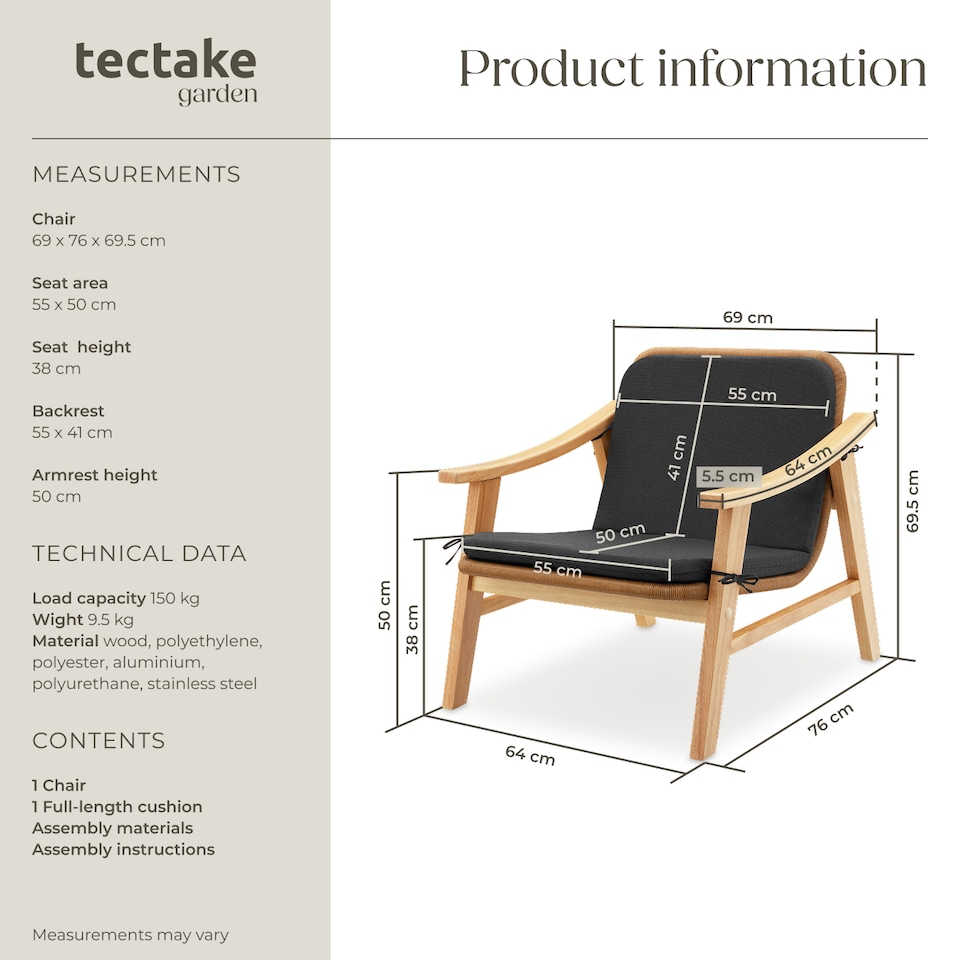 image 1 of Rattan Garden Chair Outdoor Furniture Chairs Varnished Wooden Frame Lounge Arm Chair | Cream | nature | One Size | 1