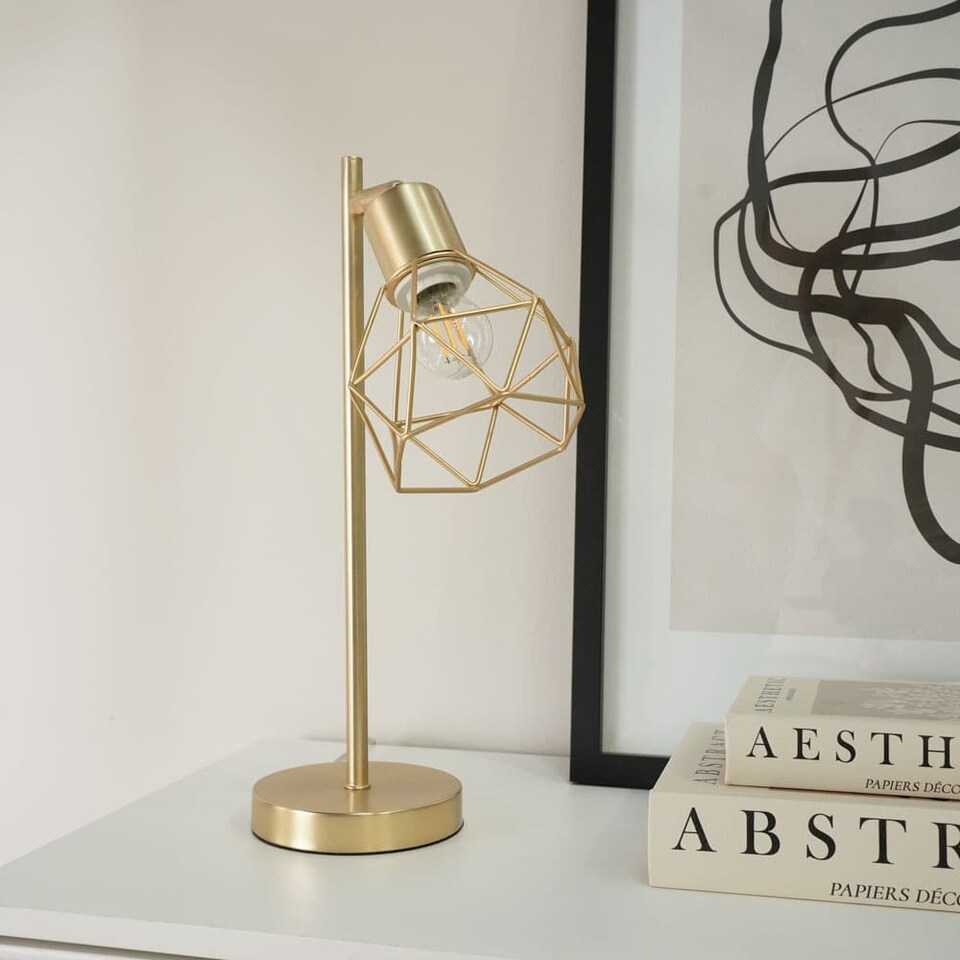 image 1 of ValueLights Angus Brushed Gold Geometric Shade Table Lamp & Bulb | Gold