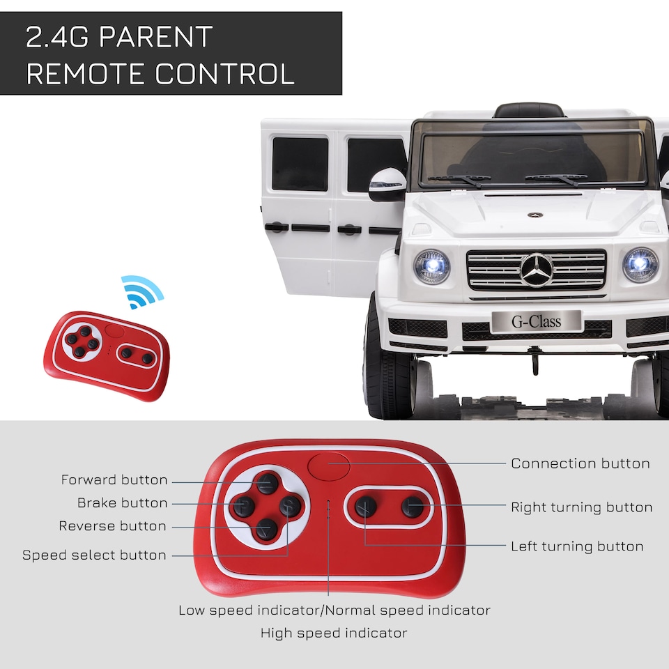 image 1 of HOMCOM Mercedes Benz G500 Licensed 12V Kids Electric Ride On Car Toy with Parental Remote Control Battery-powered 2 Motors Music Lights MP3 for 3-8 Years Old White