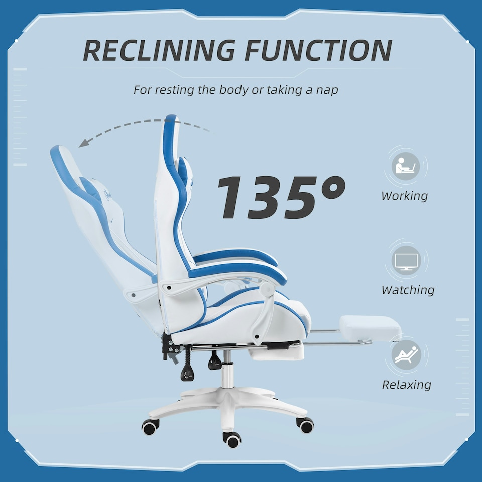 image 1 of Vinsetto Racing Style Gaming Chair with Reclining Function Footrest, Blue