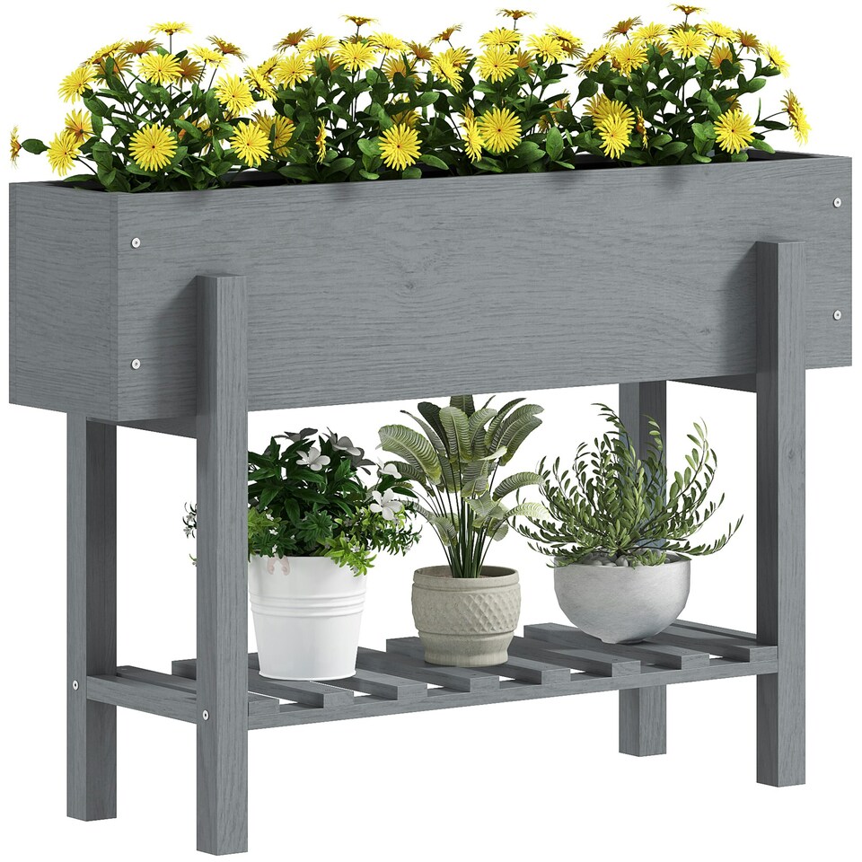 image 1 of Outsunny Wooden Raised Bed w/ Bed Liner, Storage Shelf