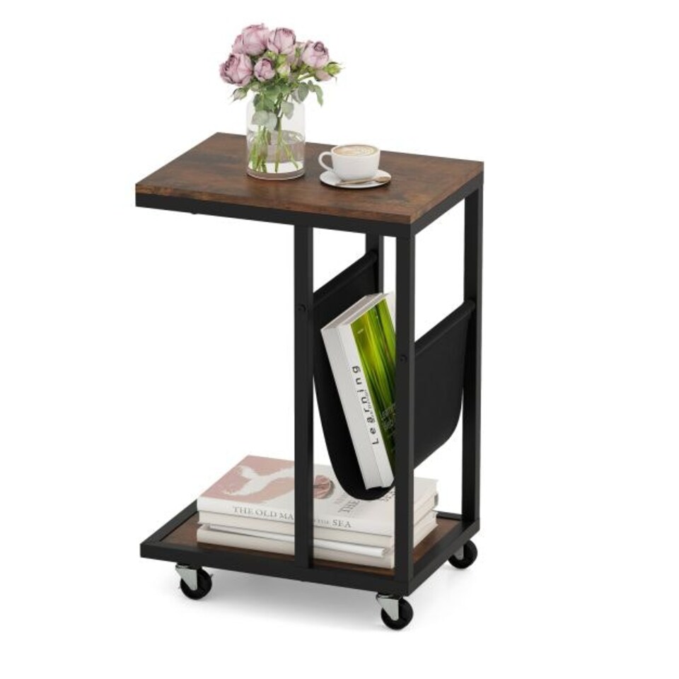 image 1 of COSTWAY C-shaped Side Table on Wheels with Storage Pouch Brown
