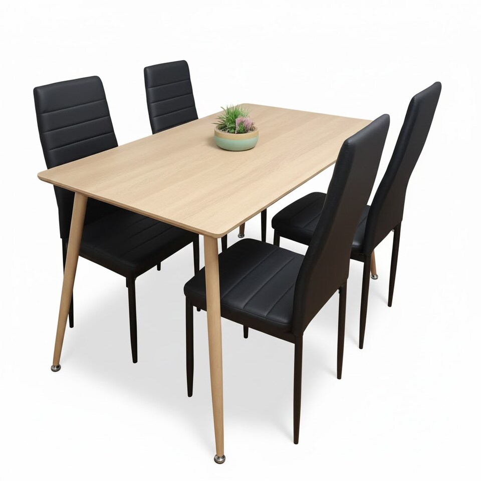 image 1 of Wood Dining Table Set with 4 Black Faux Leather Chairs Kitchen Dining Furniture