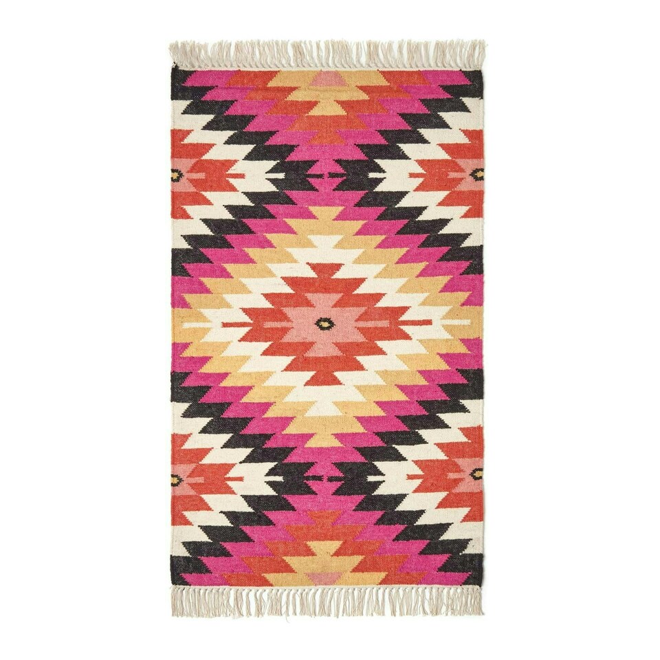 image 1 of Homescapes Jakarta Handwoven Geometric KIlim Wool Rug - 160 x 230 cm | Pink | 160 x 230 cm