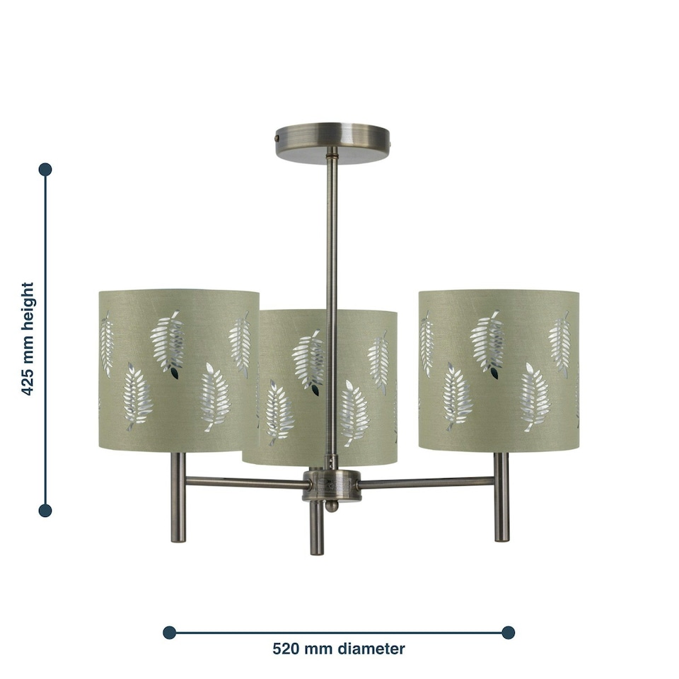image 1 of Brea - Antique Brass 3 Light Fitting with Sage Green Fern Shades Bronze | Green