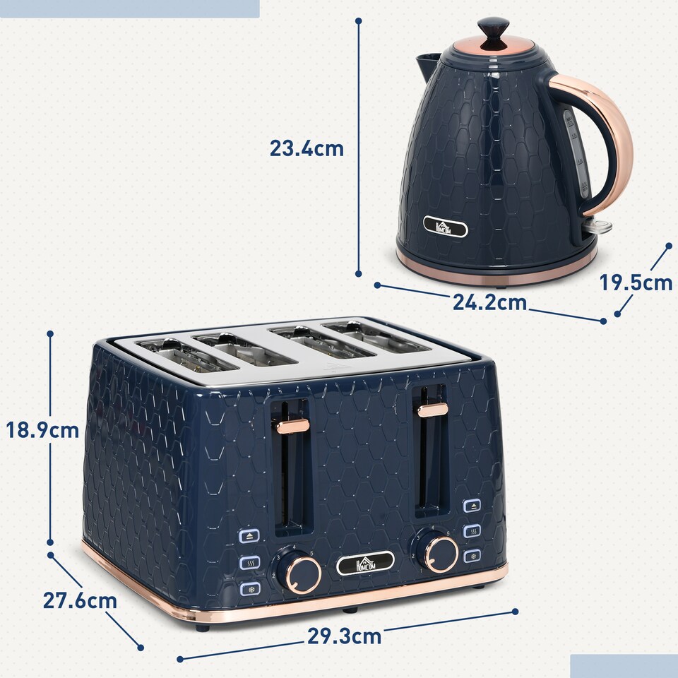 image 1 of HOMCOM Kettle and Toaster Set, 1.7L 3000W Fast Boil Jug Kettle with Auto Shut Off, 4 Slice Toaster with 7 Level Browning Controls & Crumb Tray, UK Otter Thermostat, Blue