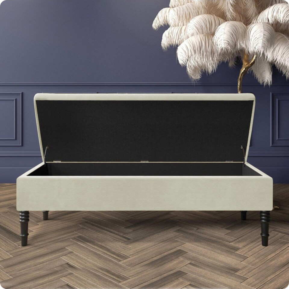 image 1 of 150cm Safar Plain Ottoman Storage Bench -Naples Shoes Bench with Black Turned Wooden Legs - Cream Upholstery Footstool Storage