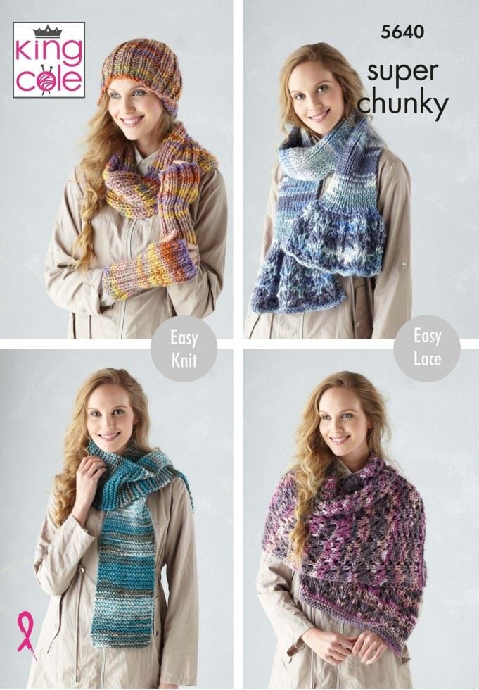 King Cole Quartz Super Chunky Knitting Pattern 5640, Headwear, Scarves, Wraps, Wrist Warmers and Ponchos for Women - One Size - Easy