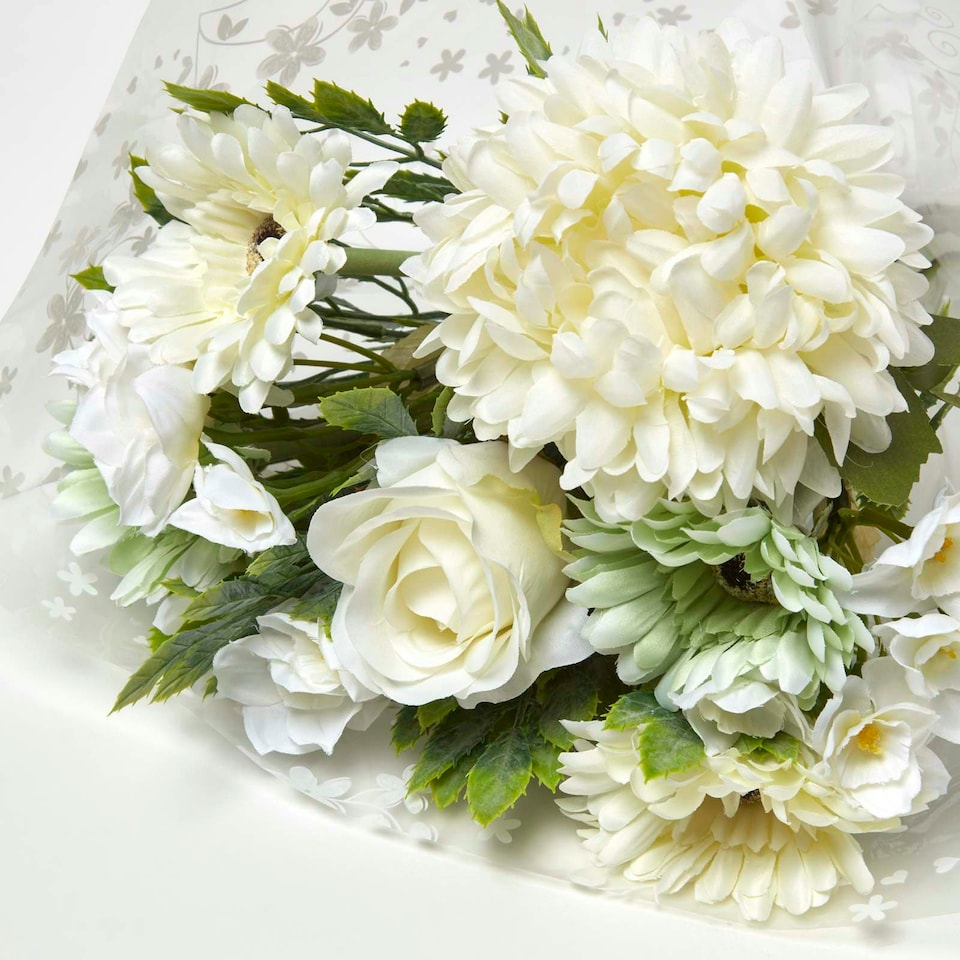 image 1 of Homescapes Artificial White Bouquet of Gerbera Daisies and Daffodils