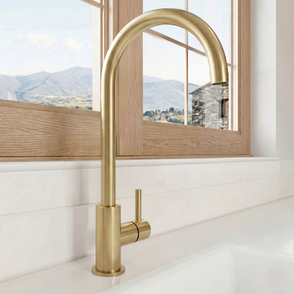 image 1 of Balterley Lacerta Kitchen Mono Mixer Tap with Single Lever Handle, High Curved Swivel Spout | Copper | Brushed Brass | 1