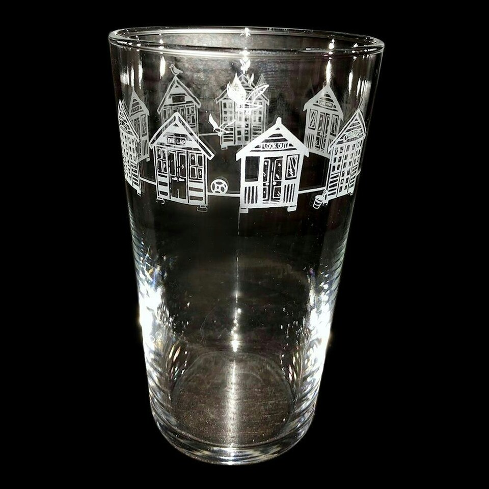 Animo Glass Etched Pint Glass Beach Huts
