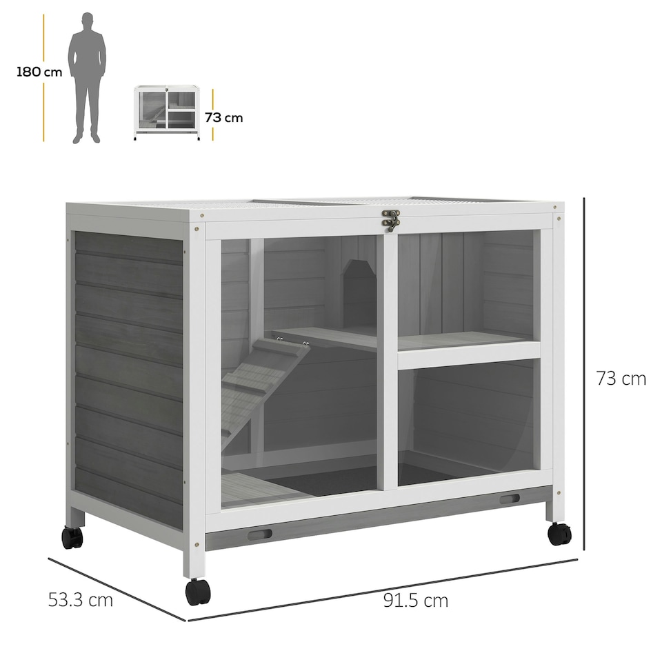 image 1 of PawHut Rabbit Hutch, Bunny Cage 2 Layers with Wheels & Open Roof, Grey