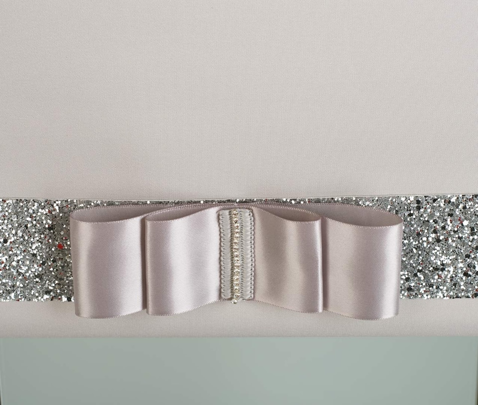 image 1 of FURNISHED Blackout Roller Blind with Silver Glitter Trim and Grey Bow Trimmable Window Shade | Grey | Grey | (W) 175cm x (L) 210cm
