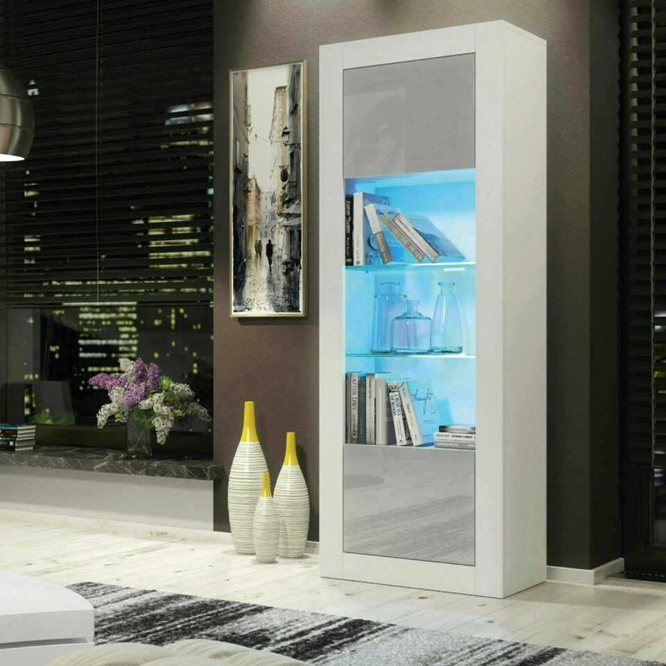 image 1 of Tall Cabinet 170cm Grey Gloss Doors White Matt Body Free LED Light | White | Grey