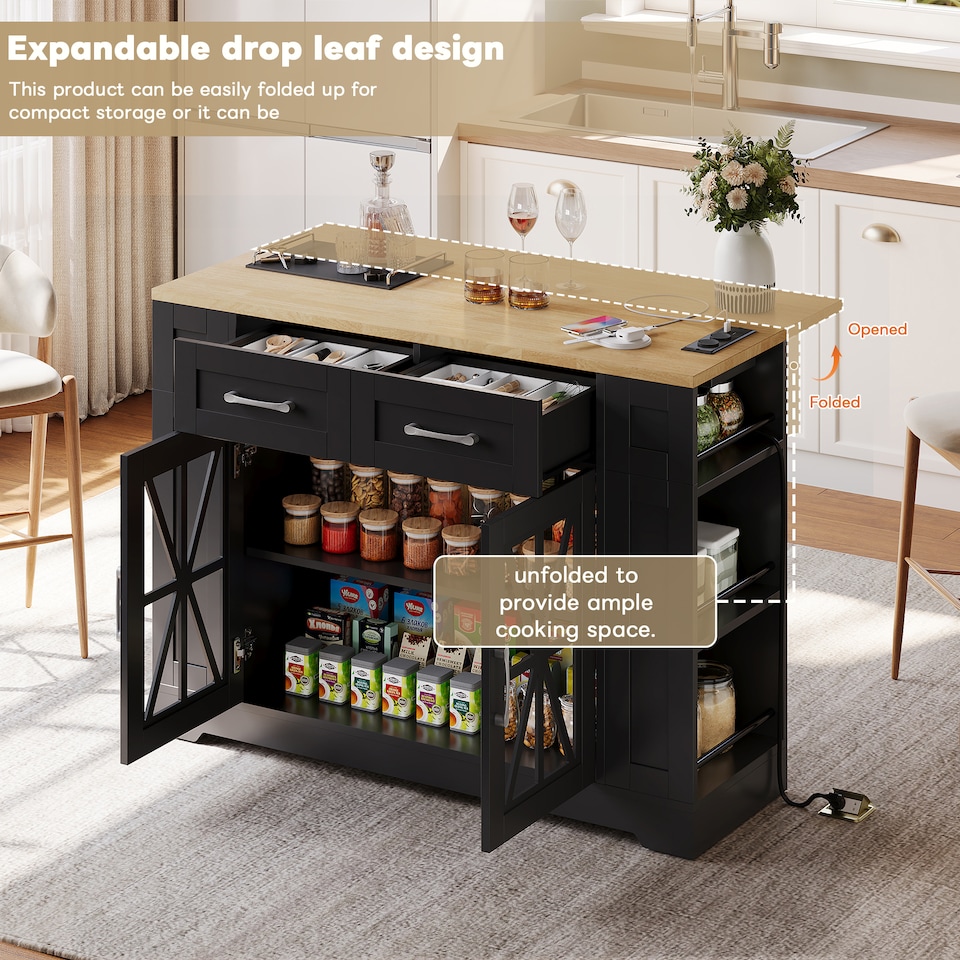 image 1 of VILUXE Mobile Kitchen Island with Foldable Worktop, 2 AC Sockets, 2 USB Ports, Glass Doors, Adjustable Shelves and Lockable Wheels, Black and Natural