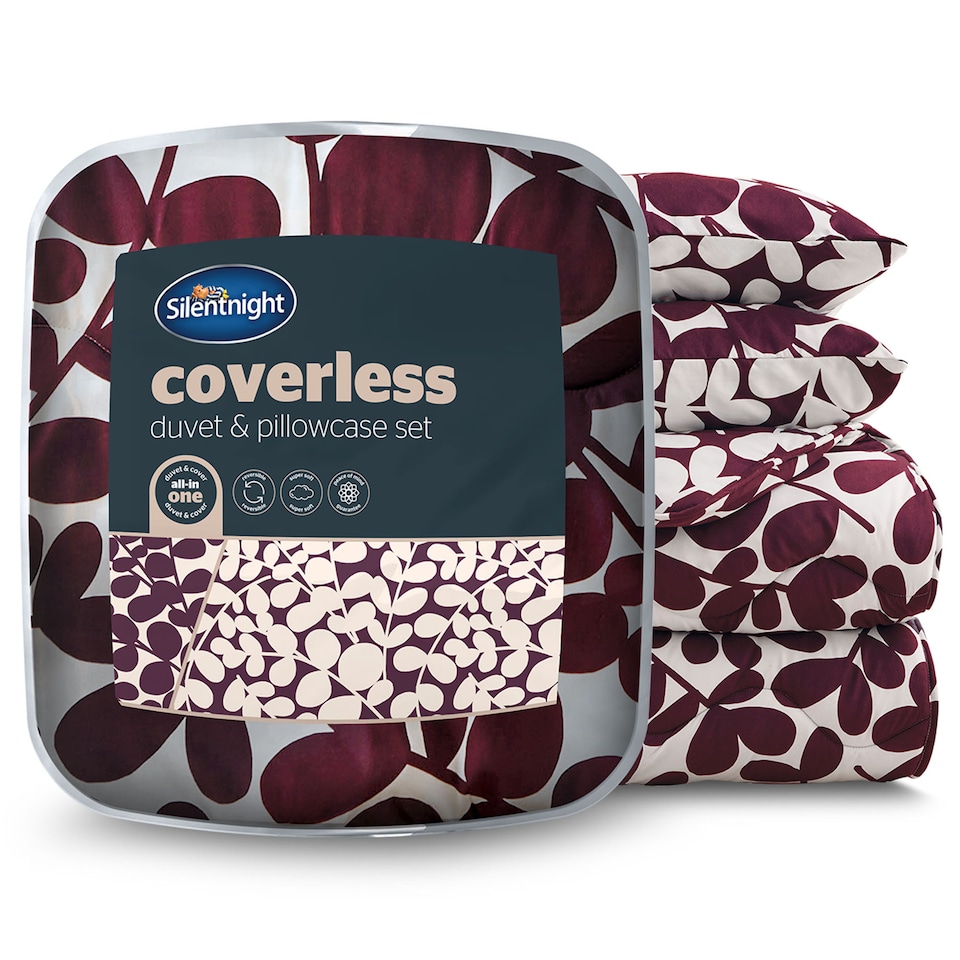 image 1 of Silentnight Coverless Duvet and Pillowcase Set, Leaf Print | Purple | Berry | King