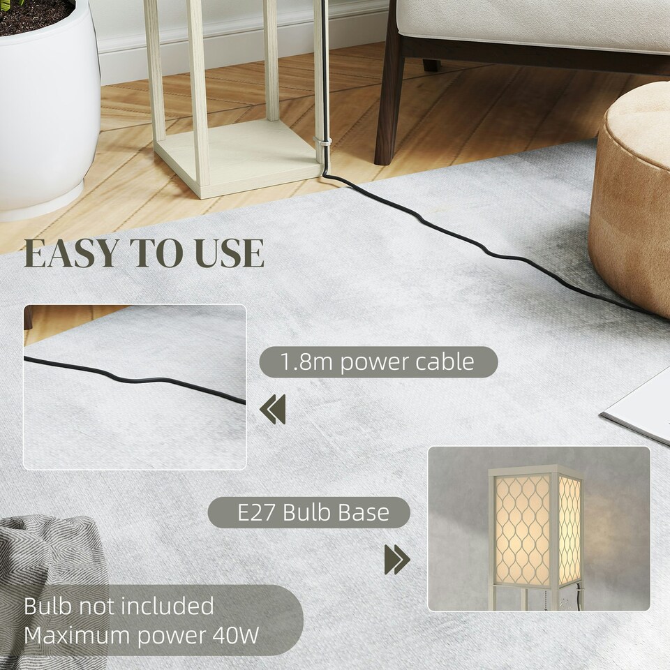 image 1 of HOMCOM Modern Floor Lamp Light with 3 Shelves Fabric Lampshade Oak Yellow