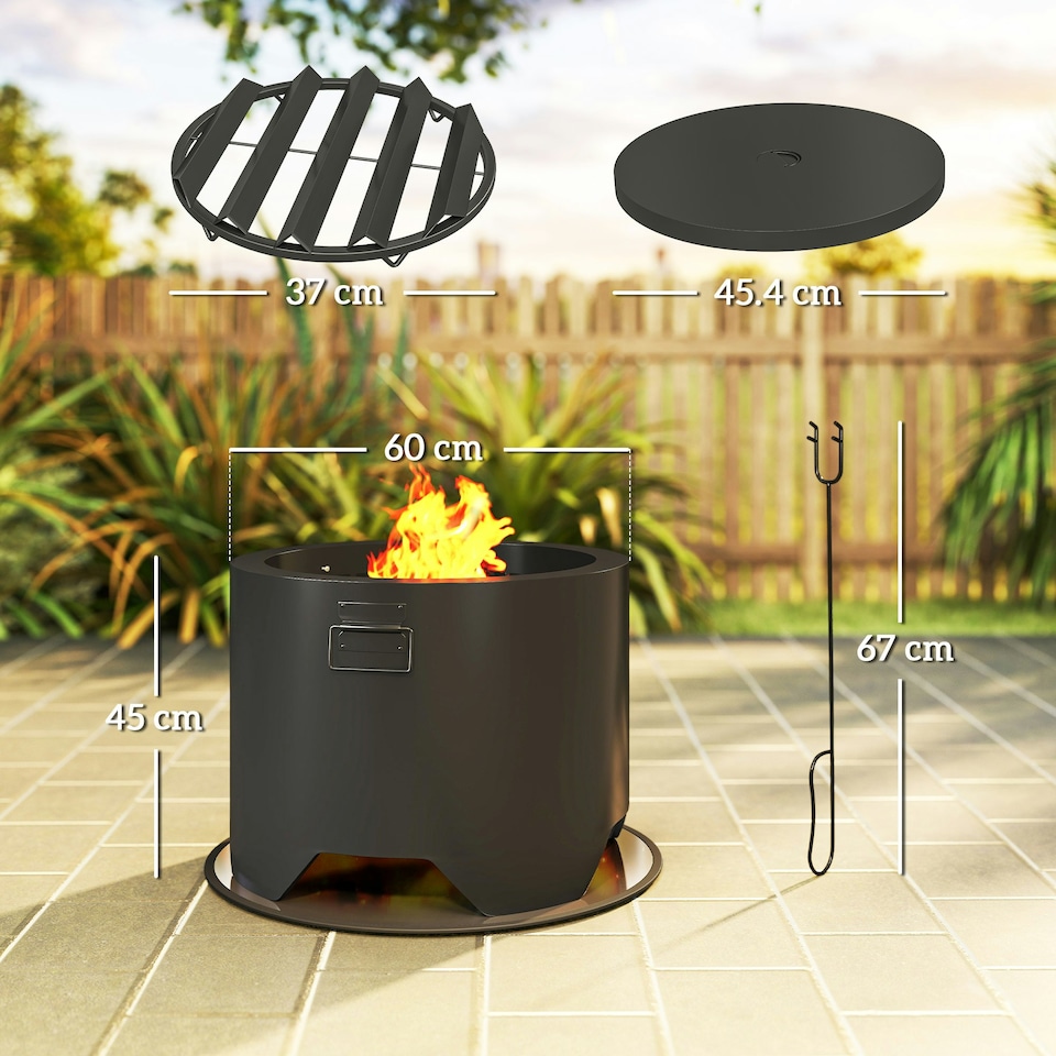 image 1 of Outsunny Outdoor Round Fire Pit with Lid, Firepit with Fire Poker, Black