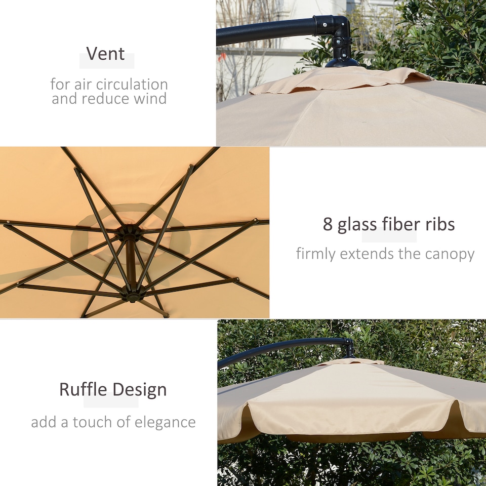 image 1 of Outsunny 2.7m Garden Banana Parasol Cantilever Umbrella with Crank Handle and Cross Base for Outdoor, Hanging Sun Shade, Light Brown