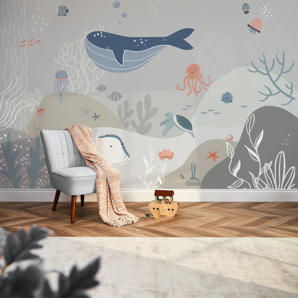 image 1 of Under The Sea Full Wall Mural in Neutrals | Cream | Blue, Neutral | Extra Large (350cm x 240cm)