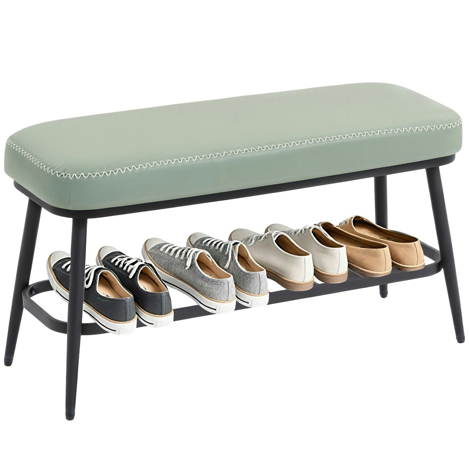 image 1 of HOMCOM Shoe Bench, PU Leather Shoe Storage Bench for Entryway, Green Green | Black