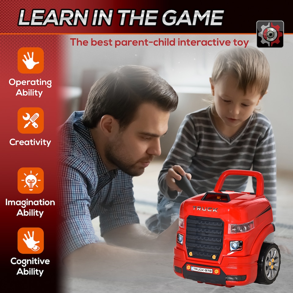 image 1 of HOMCOM Kids Truck Engine Toy Set w/ Horn, Light, Car Key for 3-5 Years Old Red