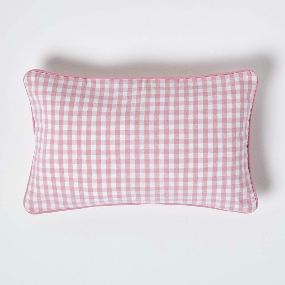 image 1 of Homescapes Cotton Gingham Check Pink Rectangular Cushion Cover - 30 x 50 cm | Pink | Pink | 30 x 50 cm