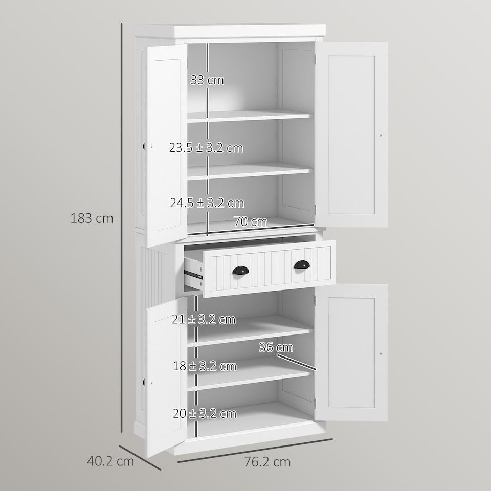 image 1 of HOMCOM 183cm Freestanding Kitchen Cupboard, Tall Storage Cabinet with 4 Doors and 3 Adjustable Shelves, Traditional Kitchen Pantry Cupboard for Dining Room, White