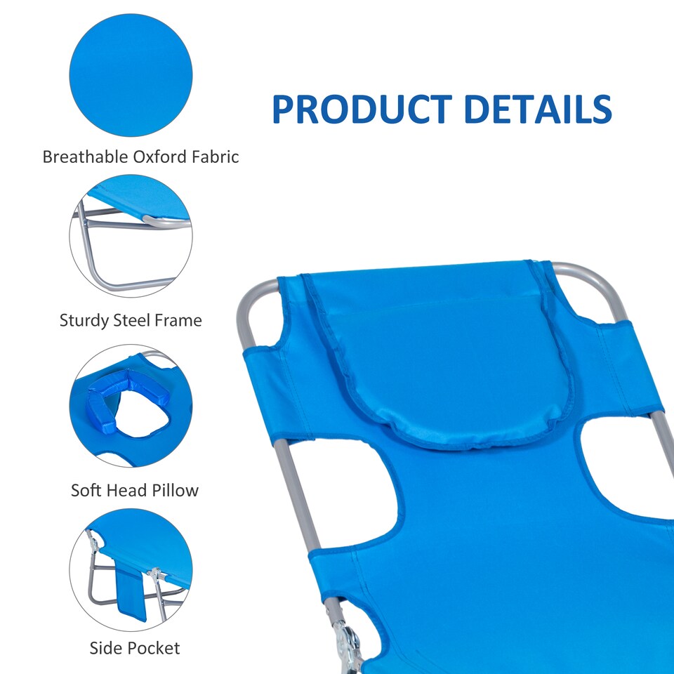 image 1 of Outsunny Sun Lounger with Reading Hole, Folding Garden Lounger, Blue