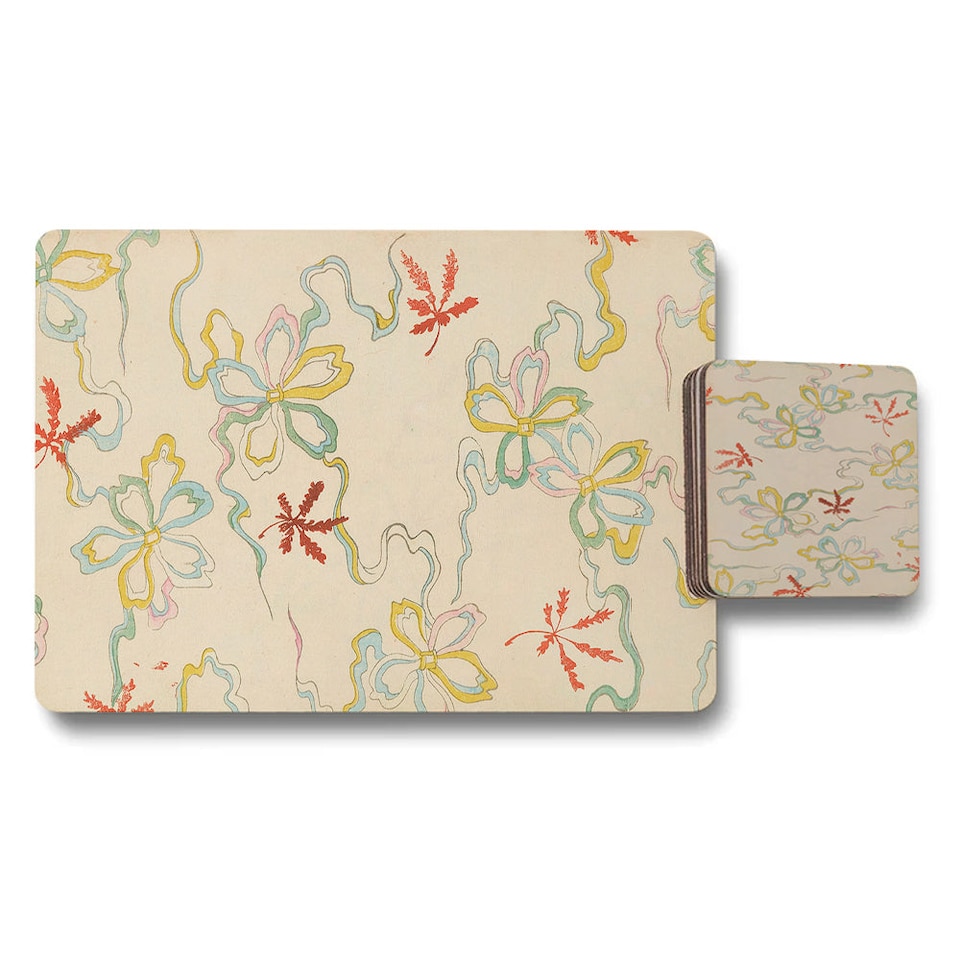 image 1 of Set of 12 Placemats and Coasters with Designer Artwork and Wood Bottom