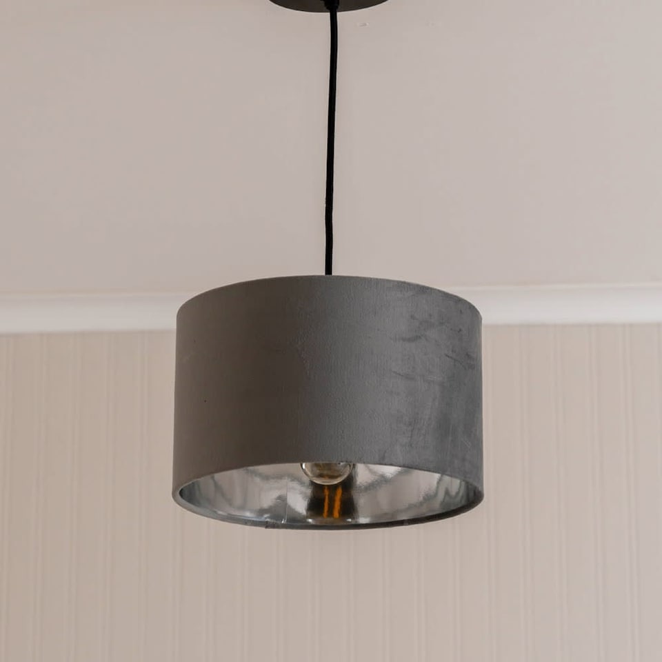 image 1 of ValueLights Reni Small Grey Velvet Chrome Inner Lamp Shade & Bulb | Grey