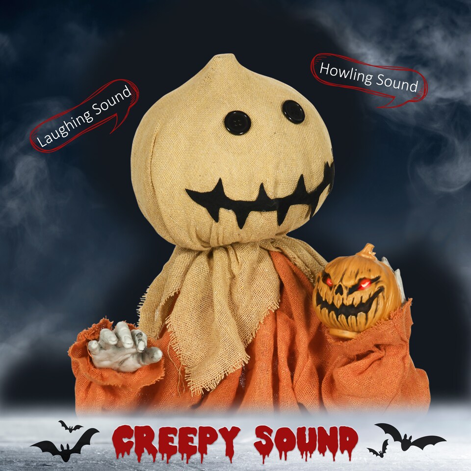 image 1 of HOMCOM 77cm Outdoor Halloween Decoration Scarecrow, Standing Scarecrow Prop Life Size with Sound and Motion Activated, Light Up Eyes, Howling Sound, Posable Arms, Moving Hands