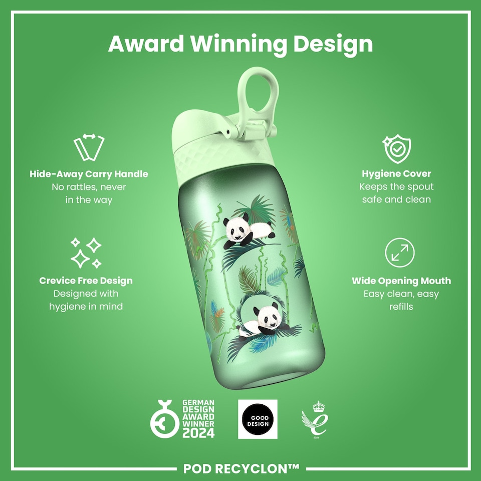 image 1 of Leak Proof Kids Water Bottle, BPA Free, 350ml (12oz) | Green | Pandas | One Size