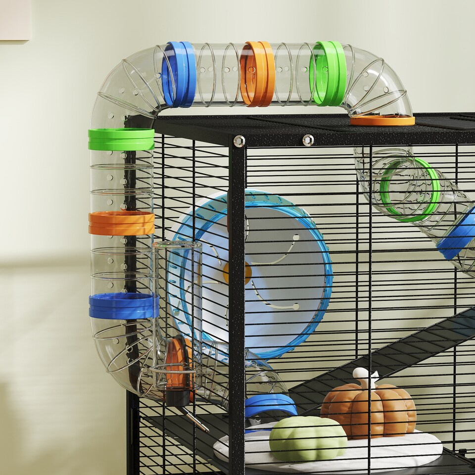 image 1 of PawHut Hamster Cage, 3 Tier Gerbil Cage on Wheels with Storage Shelf